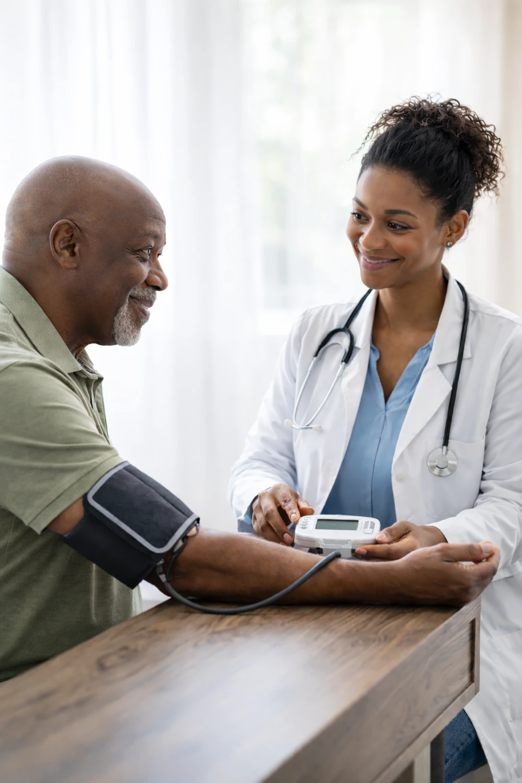 Clinician taking an older patient's blood pressure at home